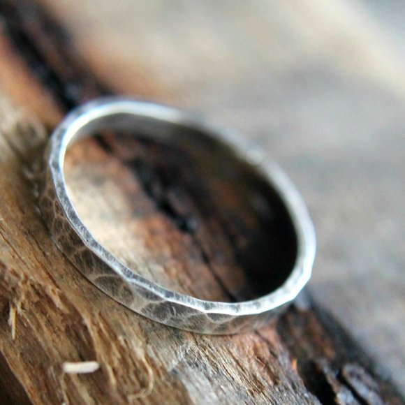 Sterling Silver Hammered Narrow Band, Hammered Stacking Ring, Metalwork Jewelr - Picture 5 of 6